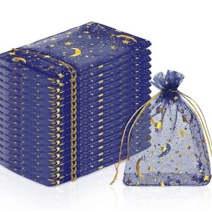 20 Dark Blue Drawstring Organza Bags Moon Stars Design 3.5" x 4.7"